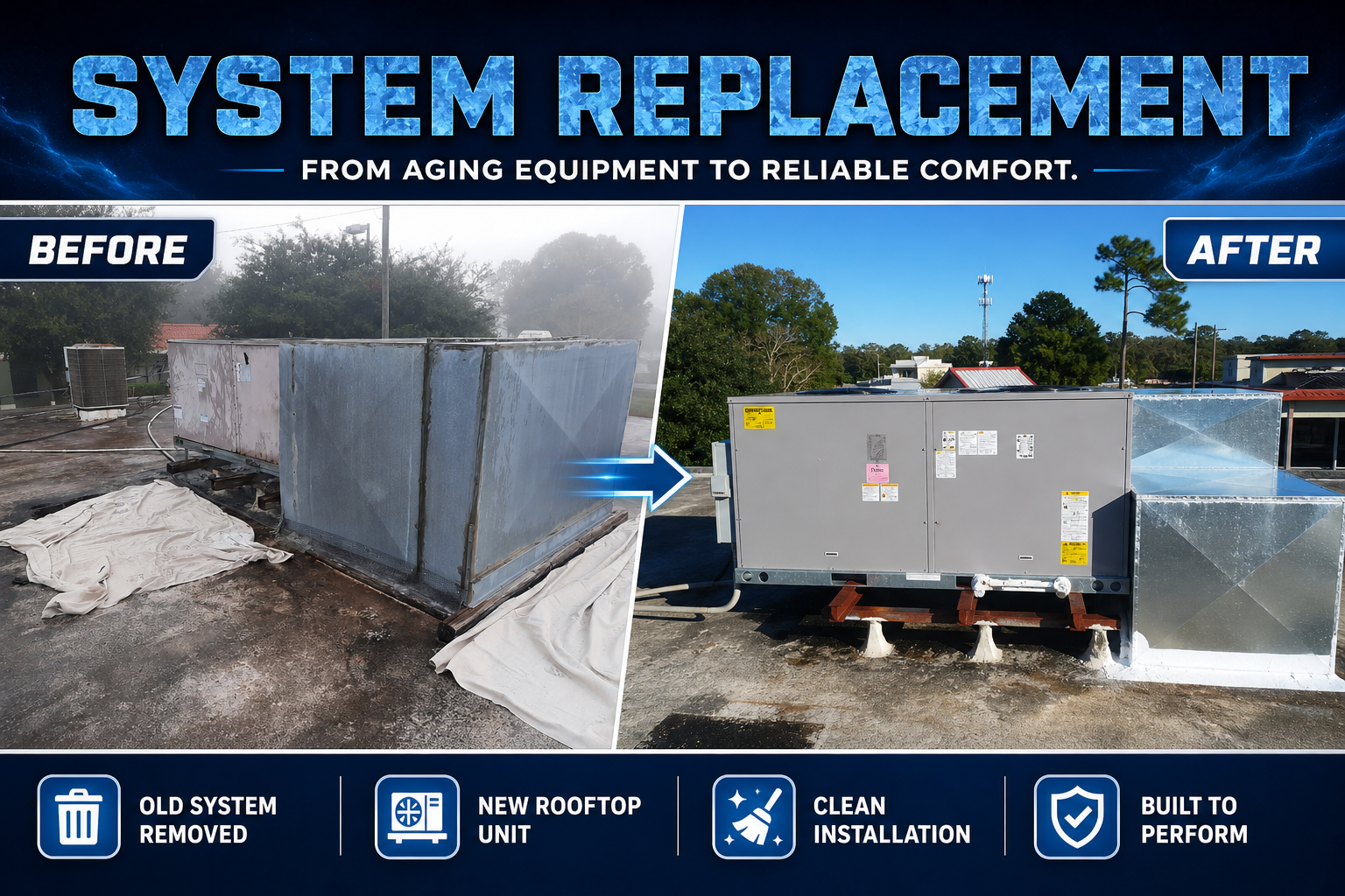 Before and after commercial HVAC system replacement by Blue Freeze
